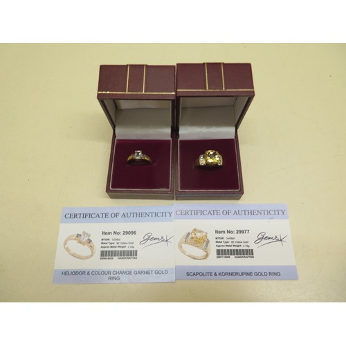 824 - Two GTV 9ct yellow gold rings, Heliodor and colour change garnet, and scapolite and kornerupine, bot... 