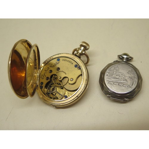 959 - A gold filled or gold plated Elgin full hunter pocket watch with white enamel face and subsidiary se... 