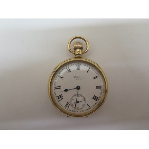 968 - A 9ct yellow gold cased Waltham top wind pocket watch, 5cm wide, dent to side of case, dial good and... 