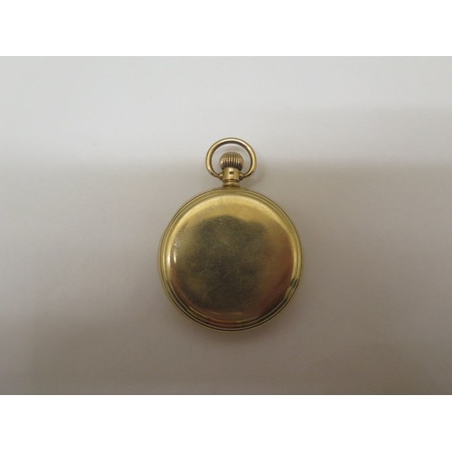 968 - A 9ct yellow gold cased Waltham top wind pocket watch, 5cm wide, dent to side of case, dial good and... 