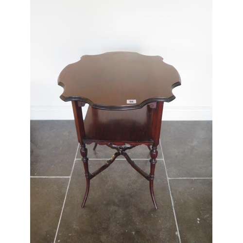 88 - A pretty Edwardian mahogany window table with an undertier, 69cm tall x 53cm, some usage marks and r... 