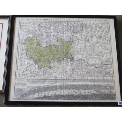 225 - An engraved coloured map of London after John Baptista Homann 18th century in an ebonised frame, 56c... 