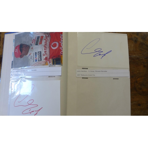 268 - A collection of 37 Formula 1 racing signatures including Sir Stirling Moss, Lewis Hamilton and Murra... 