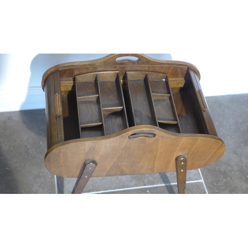 56 - A retro workbox with a tambour sliding top, 55cm tall x 56cm x 32cm