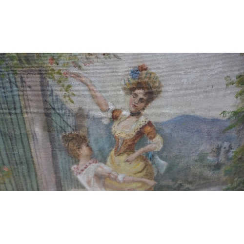 65 - A handpainted country house three section screen with scenes of young ladies in the grounds of a cou... 