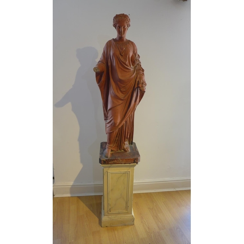 72 - A country house terracota effect classical figure, 105cm tall, on a weighted faux marble base, 67cm ... 