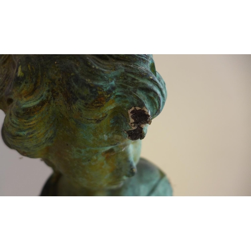 73 - A country house stone effect statue stand with a bronze effect bust of a young girl, stand 98cm tall... 