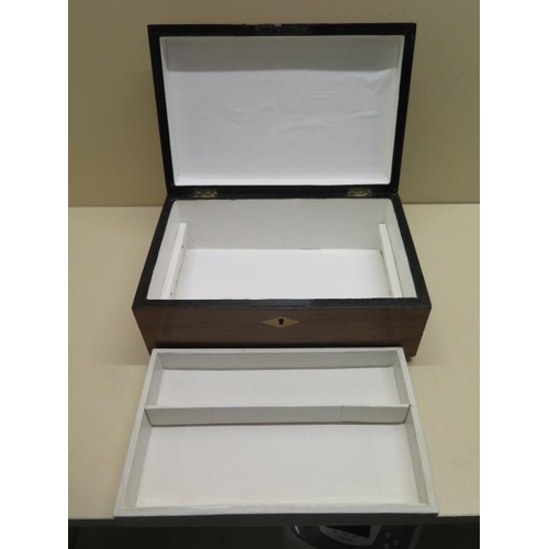 247 - A Victorian inlaid mahogany trinket box with inner tray - missing key but generally good, some losse... 