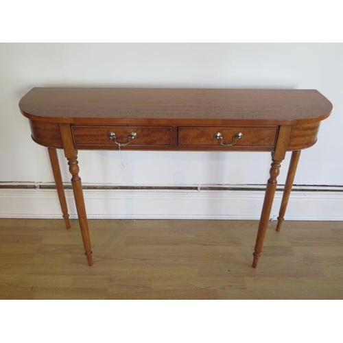25 - A satinwood two drawer D end side table on turned legs made by a local craftsman to a high standard ... 