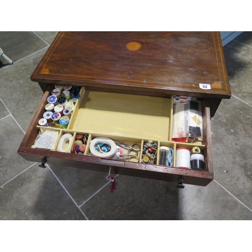52 - A late Victorian/Edwardian work table with drawer and  basket, mahogany with inlay, with some conten... 