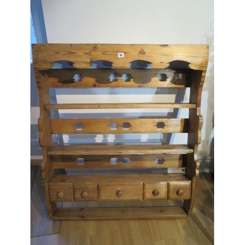 68 - An ornate pine plate rack wall shelf with five small drawers incorporating old timbers - Height 109c... 