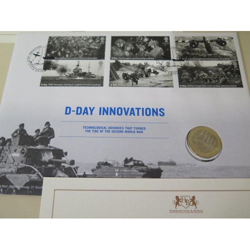 697 - A silver proof £5 75th Anniversary D-Day coin, a British Army six medal commemorative set and two Wo... 