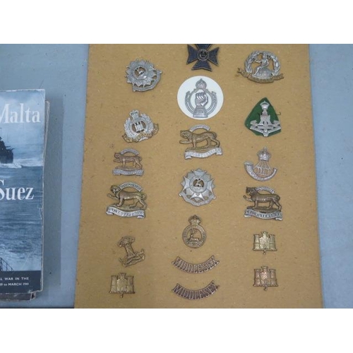 724 - A collection of 19 military cap and shoulder badges together with 12 WWII books by Ministry of Infor... 