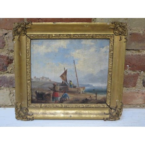 181 - An 18th/19th century oil on oak panel coastal scene with figures and boat to the foreground in a gil... 
