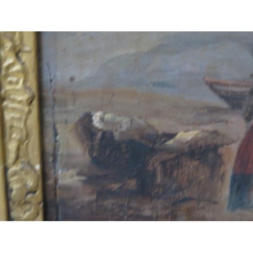181 - An 18th/19th century oil on oak panel coastal scene with figures and boat to the foreground in a gil... 
