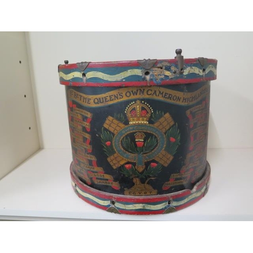 1012 - The Queens Own Cameron Highlanders Regimental drum - height 32cm x diameter 41cm - in need of restor... 