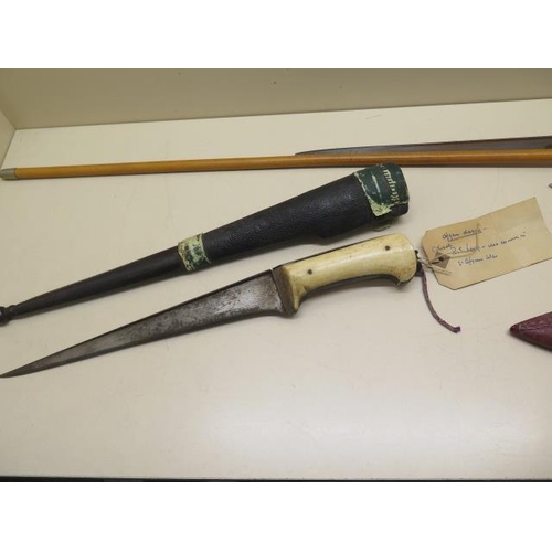 1017 - The Queens Own Cameron Highlanders swagger stick, a kukri, an Afghan dagger with bone handle - total... 