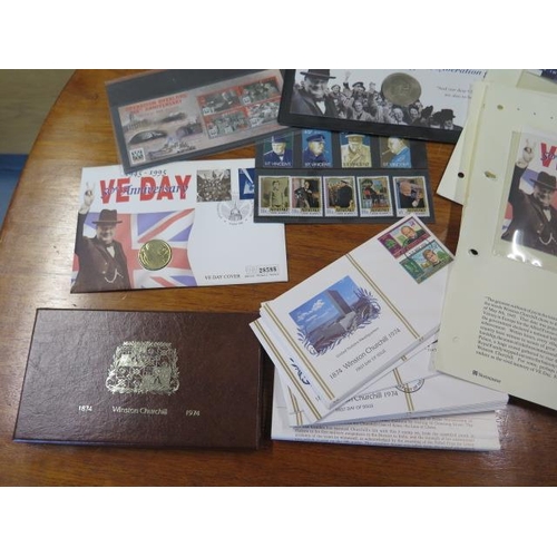 1056 - An interesting collection of Winston Churchill First Day Covers, coins, stamps and ephemera