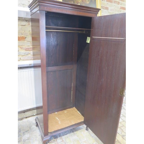 53 - A mahogany single door wardrobe on dwarf cabriole legs - height 183cm x 79cm x 49cm