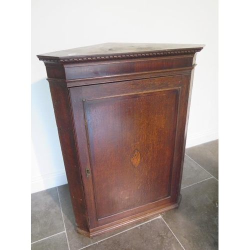 64 - A Georgian oak corner cupboard with shell inlay - height 107cm x width 81cm