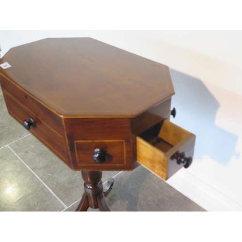 67 - An octagonal mahogany work table with two active drawers and a rising top on a turned column and tri... 