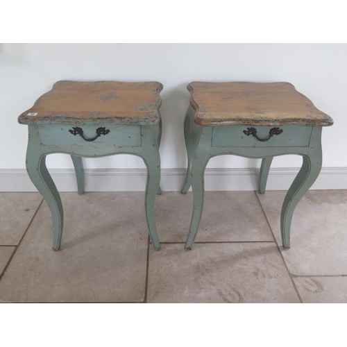 28 - A pair of shabby chic painted side tables with an oak top above a drawer, 66cm tall x 50cm x 45cm