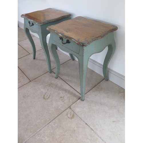 28 - A pair of shabby chic painted side tables with an oak top above a drawer, 66cm tall x 50cm x 45cm