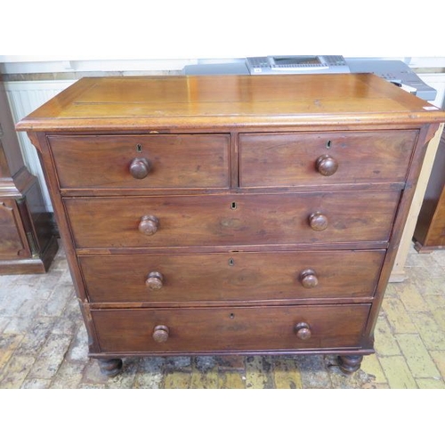 85 - A 19th century mahogany five drawer chest on turned feet, some losses and wear consistent with use, ... 