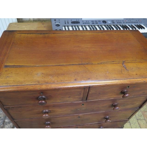 85 - A 19th century mahogany five drawer chest on turned feet, some losses and wear consistent with use, ... 