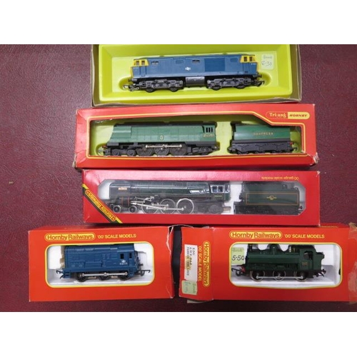 930 - Five boxed Hornby OO gauge locos 0-6-0 Diesel Shunter, 0-6-0 Panier tank, BR Hymek Diesel, BR Loco B... 