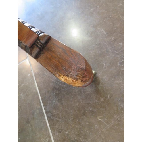 82 - A 19th century rosewood and burr walnut stretcher table on lyre end supports united by a barley twis... 