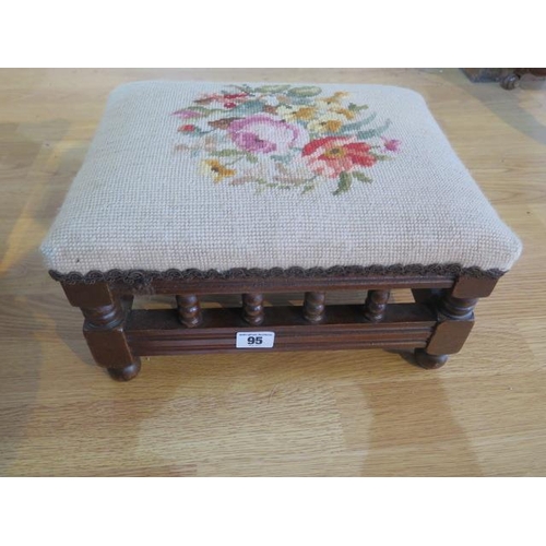 95 - A small Edwardian footstool with needlework top, 17cm tall x 33cm x 26cm, generally good condition