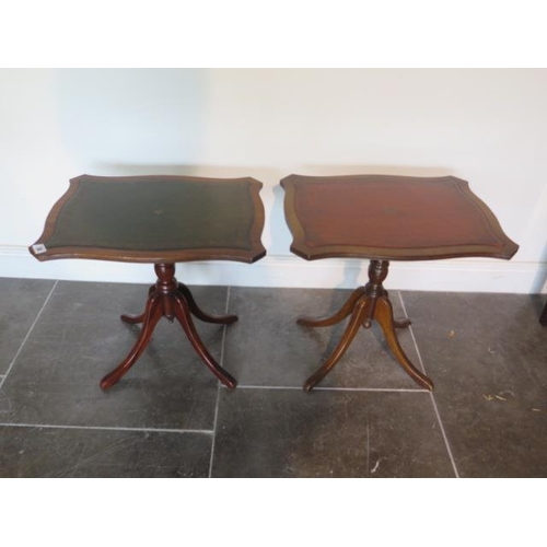 38 - Two similar leather top tilt top wine tables, 49cm tall x 53cm x 39cm