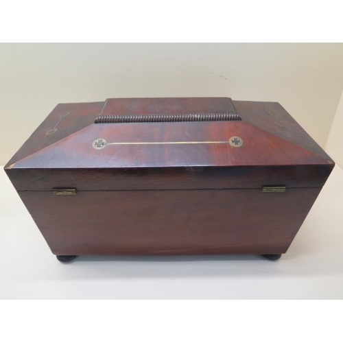 58 - A 19th century mahogany two section tea caddy with brass inlay reasonably good, some veneer and bras... 