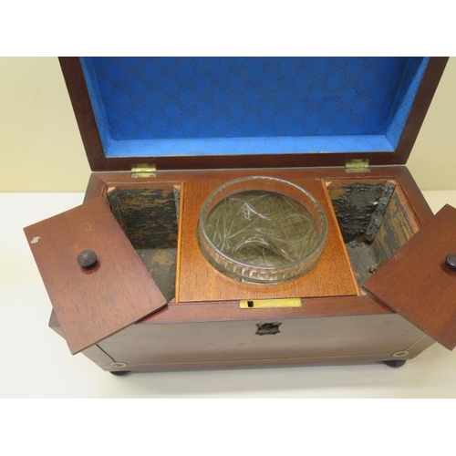 58 - A 19th century mahogany two section tea caddy with brass inlay reasonably good, some veneer and bras... 