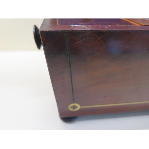 58 - A 19th century mahogany two section tea caddy with brass inlay reasonably good, some veneer and bras... 