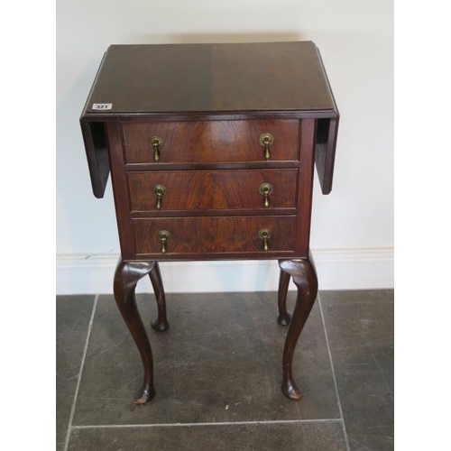 91 - A walnut three drawer dropleaf sewing table, 75cm tall x 31cm x 70cm extended