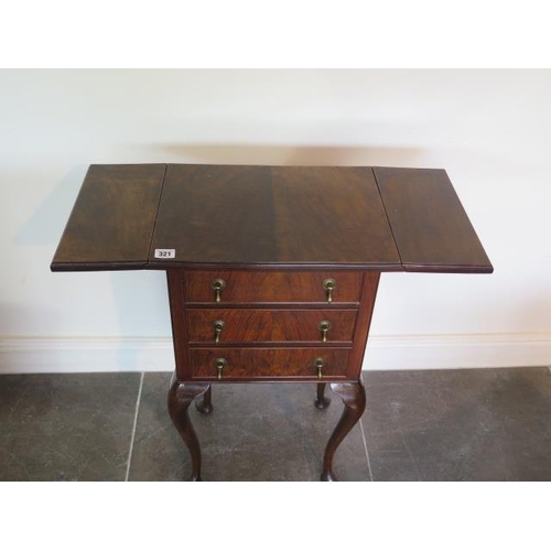 91 - A walnut three drawer dropleaf sewing table, 75cm tall x 31cm x 70cm extended