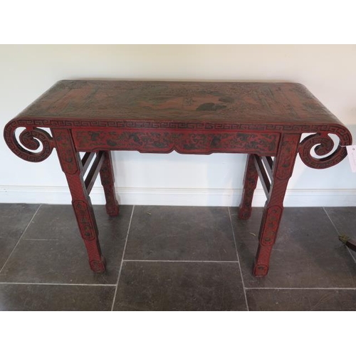 83 - A Chinese 18th / 19th century lacquer altar table decorated with panels depicting scholars and lands... 