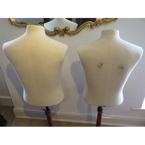 4 - A pair of 20th century calico covered tailors busts on turned bases, adjustable stems, labels for 'P... 
