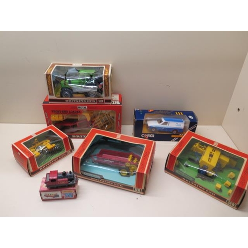 906 - Five boxed Britains Ltd farm implements and tractor, a boxed Corgi Gas Escort van and a Matchbox 75 ... 