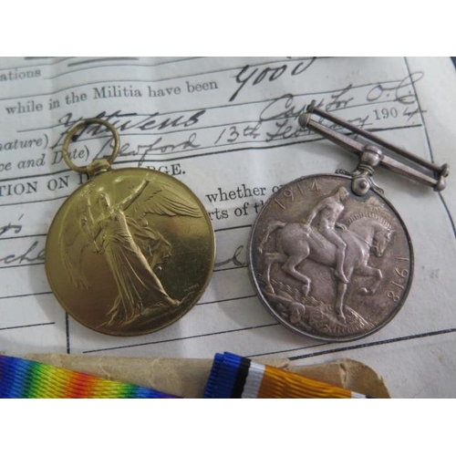 944 - Two WW1 pairs of medals 108921 2CPL C STRATTON RE with dog tags and with discharge certificate of a ... 