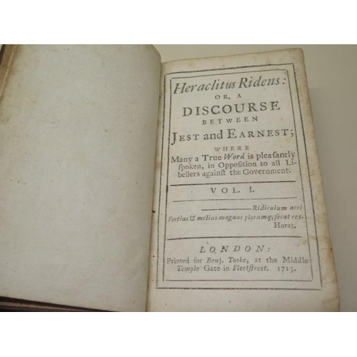 984 - A 1713 leather bound edition Heraclitus Ridens or a discourse between Jest and Earnest Vol 1 by Benj... 