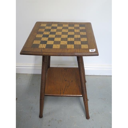 An early 1900s oak chessboard sidetable with an undertier, 62cm tall x 40cm x 40cm