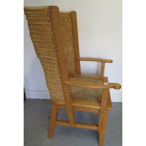 62 - A light oak Orkney chair with straw work back by Mr W A Stevenson Strommers Orkney, 109cm tall x 57c... 