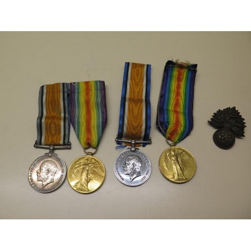 949 - Two pairs of WWI medals and Royal Fusiliers badge 279199 PTE P Burke, 4 London regt; 238107 PTE B Va... 