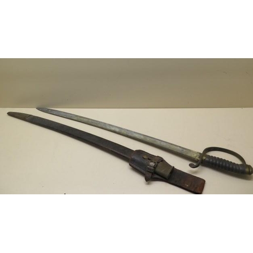 954 - A brass hilted Police or Customs hanger sword with shagreen grip and leather scabbard, blade length ... 