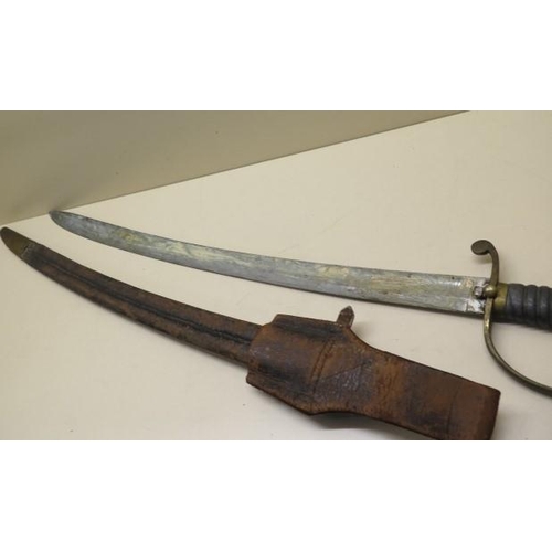 954 - A brass hilted Police or Customs hanger sword with shagreen grip and leather scabbard, blade length ... 