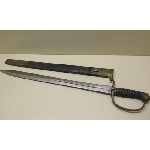 955 - A brass hilted Police or Customs hanger sword with shagreen grip and leather scabbard, blade length ... 