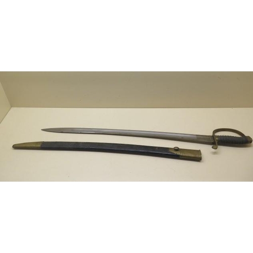 956 - A brass hilted Police or Customs hanger sword with shagreen grip and leather scabbard, blade length ... 